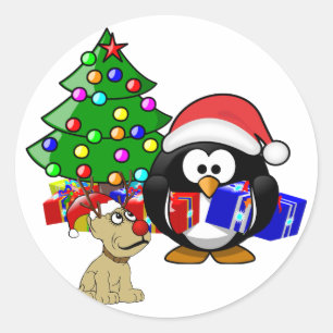 Sticker Rond Penguin Père Noël et Reindeer Chien