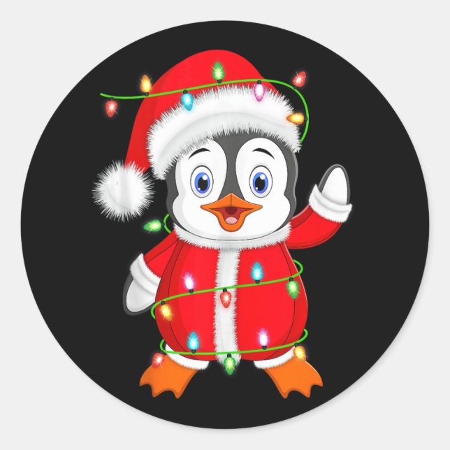 Sticker Rond Penguin Xmas Éclairage Père Noël Costume Penguin C (Devant)