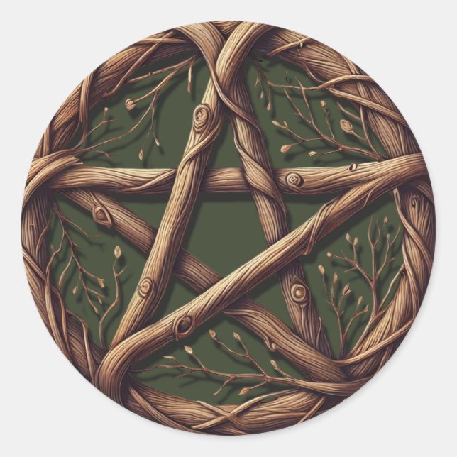 Sticker Rond Pentacle de brindille de bois vert olive mariage w (Devant)