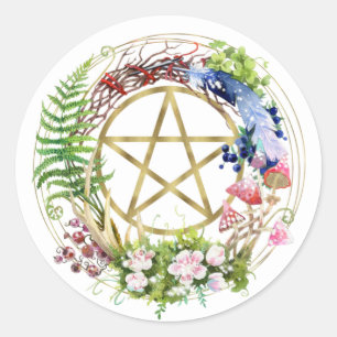 Sticker Rond Pentacle Or Nature Fleurs de couronnes Bohème
