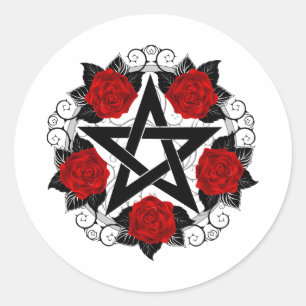 Sticker Rond Pentagramme aux roses rouges