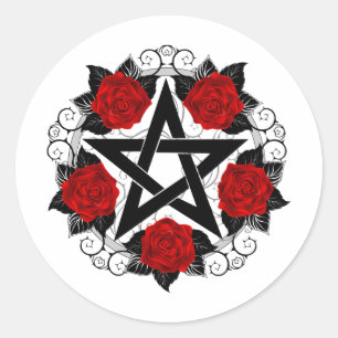 Sticker Rond Pentagramme aux roses rouges
