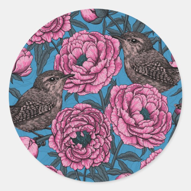 Sticker Rond Peonies and wrens on blue (Devant)
