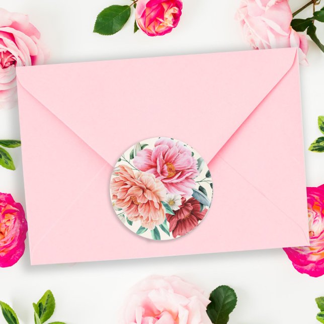 Sticker Rond Peonies de Pêche Rose Bourgogne Feuilles floraux (Créateur téléchargé)