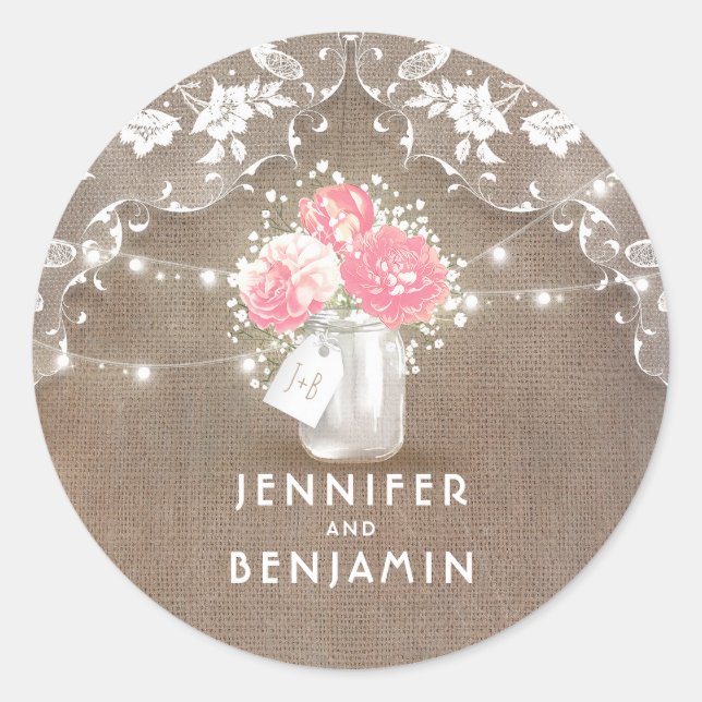 Sticker Rond Peonies et Baby's Breath Mason Jar Dentelle rustiq (Devant)