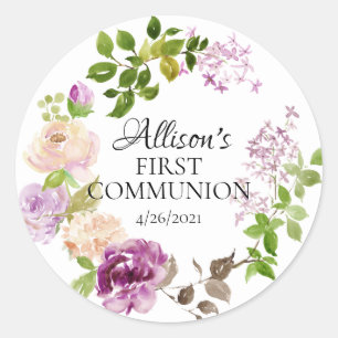 Sticker Rond Peonies pourpres Première communion Favoriser