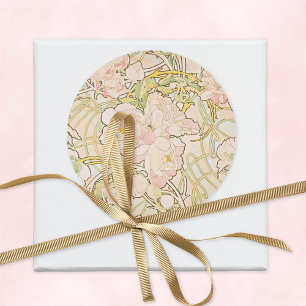 Sticker Rond Peonies roses Alphonse Mucha