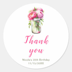 Sticker Rond Peonies roses Mason Jar Anniversaire