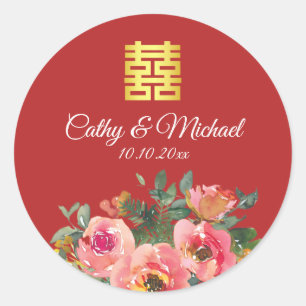 Sticker Rond Peony floral double bonheur mariage chinois