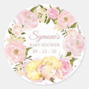 Sticker Rond Peony rose et agneau d'or Rose Baby shower Polkado