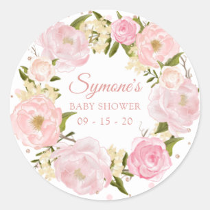 Sticker Rond Peony rose et Baby shower Polkadot or Rose