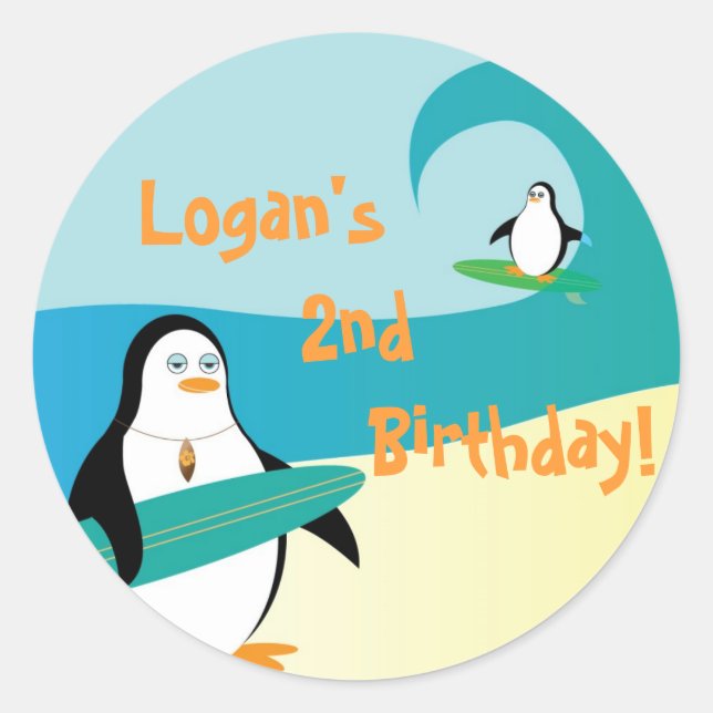 Sticker Rond Pepe Surfer Penguin Petit chevalet d'anniversaire  (Devant)