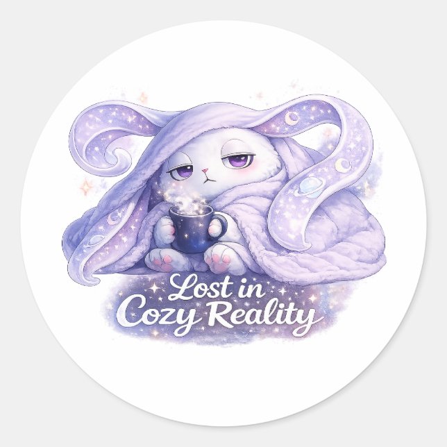 Sticker Rond Perdu dans la Réalité Douillette Lapin Mignon (Devant)