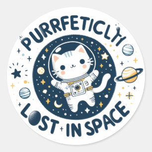 Sticker Rond Perdu dans l'espace astronaute de chat fait main