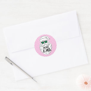 Sticker Rond Père Noël à carreaux rose rétro groovy Noël 