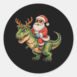 Sticker Rond Père Noël à cheval sur un dinosaure T Rex Noël rét
