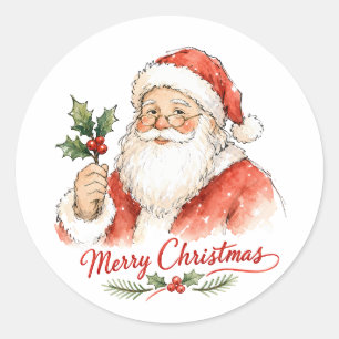 Sticker Rond Père Noël à l'aquarelle avec houx