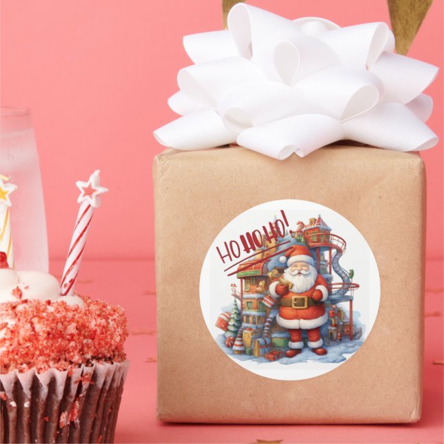 Sticker Rond Père Noël à sa fabrique de jouets (Fête)