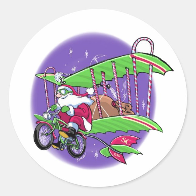 Sticker Rond Père Noël à vélo volant (Devant)