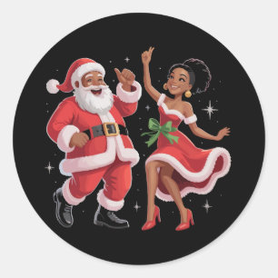 Sticker Rond Père Noël africain Mme Claus dansant Noël américai