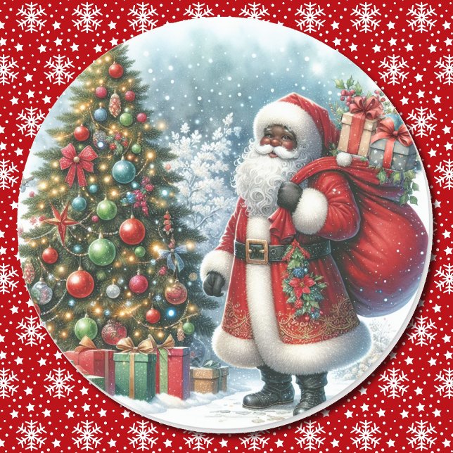 Sticker Rond Père Noël afro-américain Noël (Créateur téléchargé)
