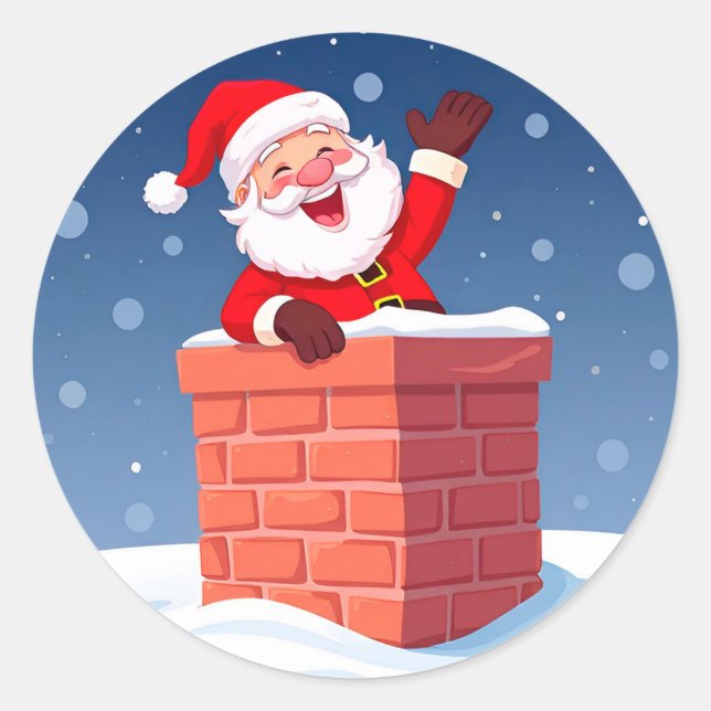 Sticker Rond Père Noël agitant joyeusement dans la cheminée (Devant)