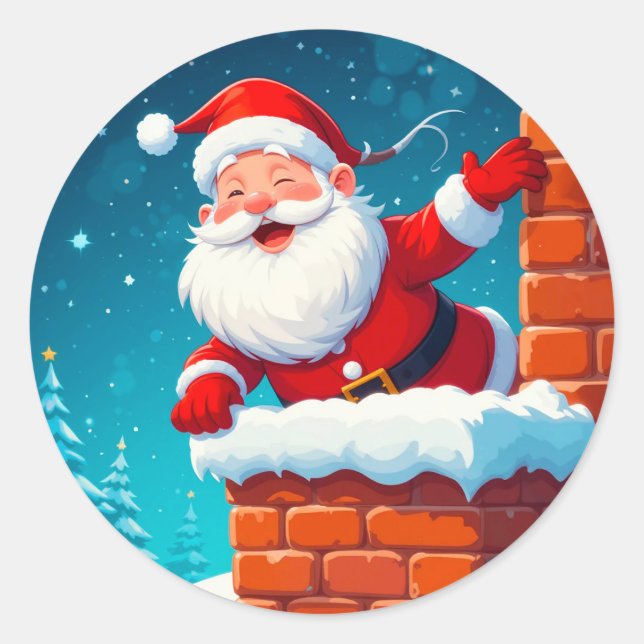 Sticker Rond Père Noël agitant joyeusement dans la cheminée (Devant)