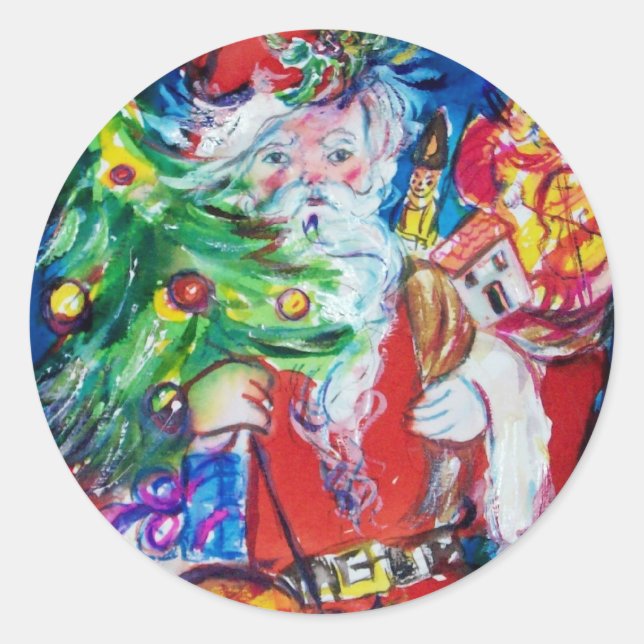 STICKER ROND PÈRE NOËL AVEC ARBRE DE NOËL ET CADEAUX (Devant)
