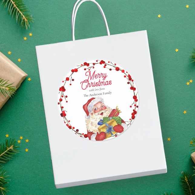 Sticker Rond Père Noël avec cadeaux aquarelle personnalisée (Santa with gifts watercolor personalised classic round sticker)