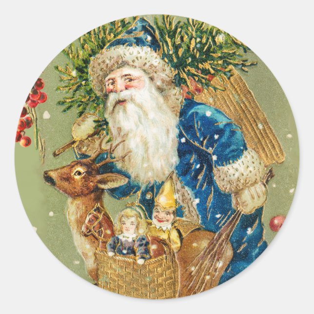 STICKER ROND PÈRE NOËL AVEC DES CADEAUX DE CERFS ET DE NOËL EN  (Devant)