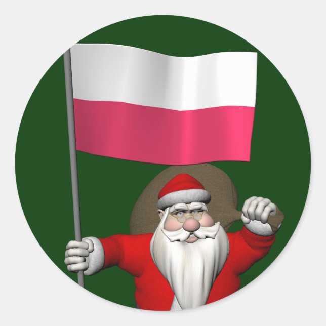 Sticker Rond Père Noël Avec Drapeau De Pologne (Devant)