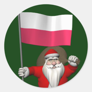 Sticker Rond Père Noël Avec Drapeau De Pologne