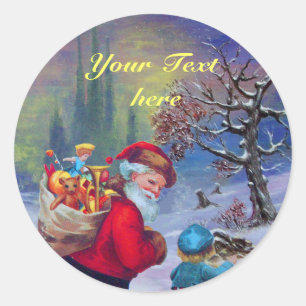 STICKER ROND PÈRE NOËL AVEC ENFANT DANS LA NEIGE D'HIVER