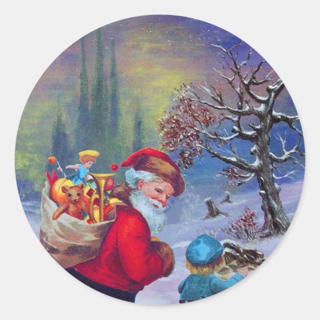 STICKER ROND PÈRE NOËL AVEC ENFANT DANS LA NEIGE D'HIVER (Devant)