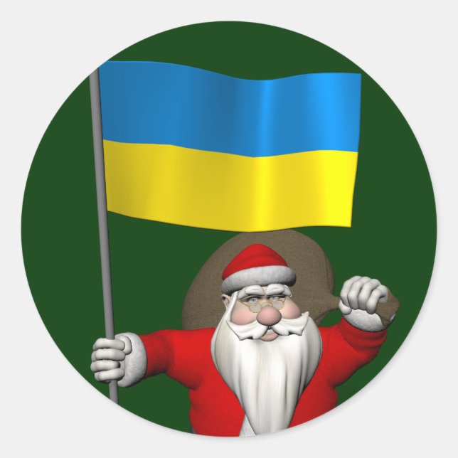 Sticker Rond Père Noël Avec L'Enseigne De L'Ukraine (Devant)