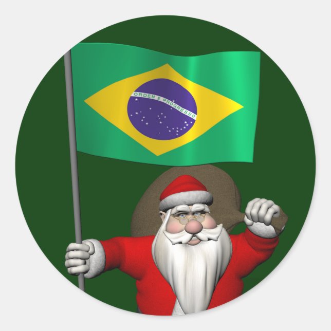 Sticker Rond Père Noël Avec L'Ensigne Du Brésil (Devant)