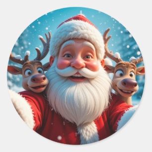 Sticker Rond Père Noël avec rennes célébrant Noël