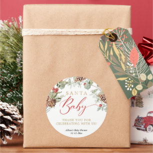 Sticker Rond Père Noël Baby Rustic Winter Greenery baby shower