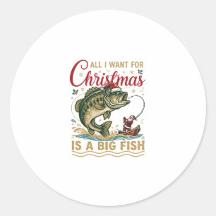 Sticker Rond Père Noël Bateau Pêche Bass Grand Poisson de Noël