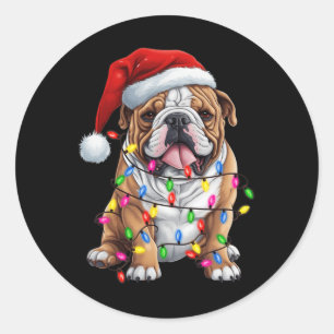 Sticker Rond Père Noël Bulldog Christmas Tree Light Pyjama Chie