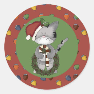 Sticker Rond Père Noël Cat avec Sucre de canne et couronne