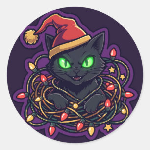 Sticker Rond Père Noël chat effrayant Noël