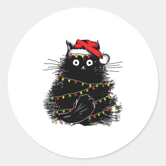 Sticker Rond père Noël chat noir emmêlé à la lumière des arbres (Devant)