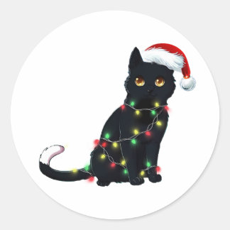 Sticker Rond Père Noël Chat Noir Tangé Dans La Lumière De L'Arb