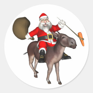 Sticker Rond Père Noël chevauchant un âne