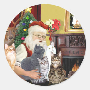 Sticker Rond Père Noël, cinq chats