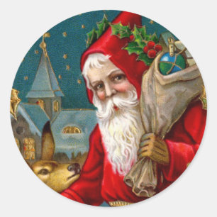 Sticker Rond Père Noël classique et Noël de cerfs communs