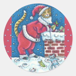 STICKER ROND PÈRE NOËL CLAWS CAT SUR LE TOIT APPORTANT DES CADE