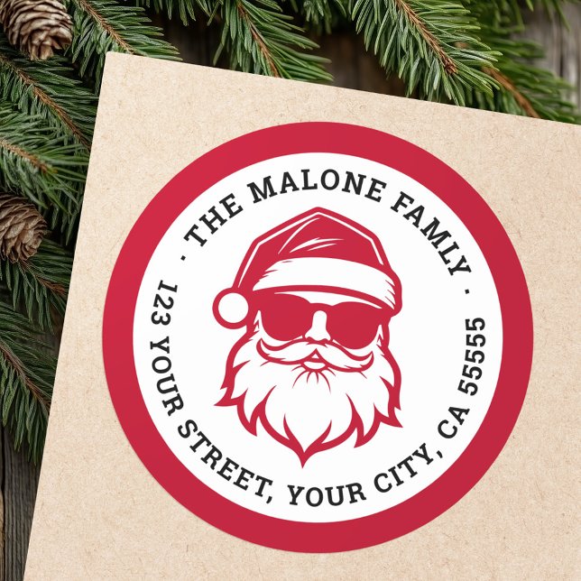 Sticker Rond Père Noël cool dans lunettes de soleil rouge adres (Cool Santa in sunglasses red return address Classic Round Sticker)