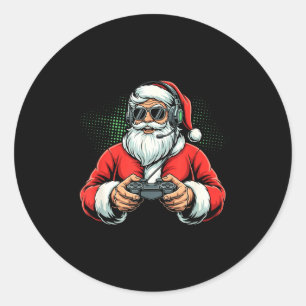 Sticker Rond Père Noël cool jouant aux jeux vidéo Noël garçon j